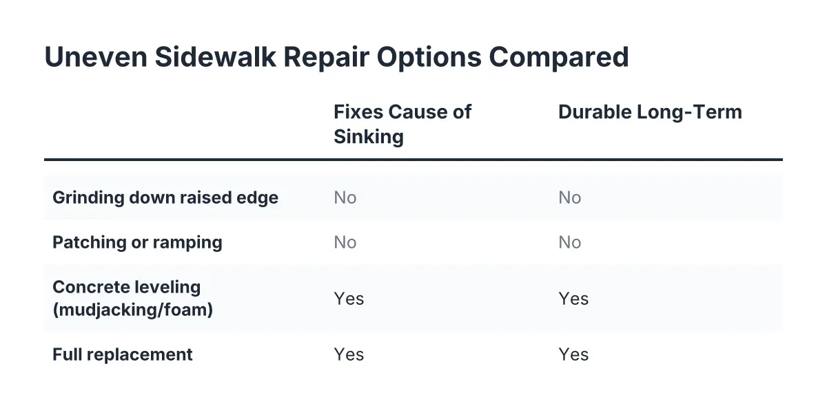 Comparison checklist of uneven sidewalk repair options like grinding and concrete leveling