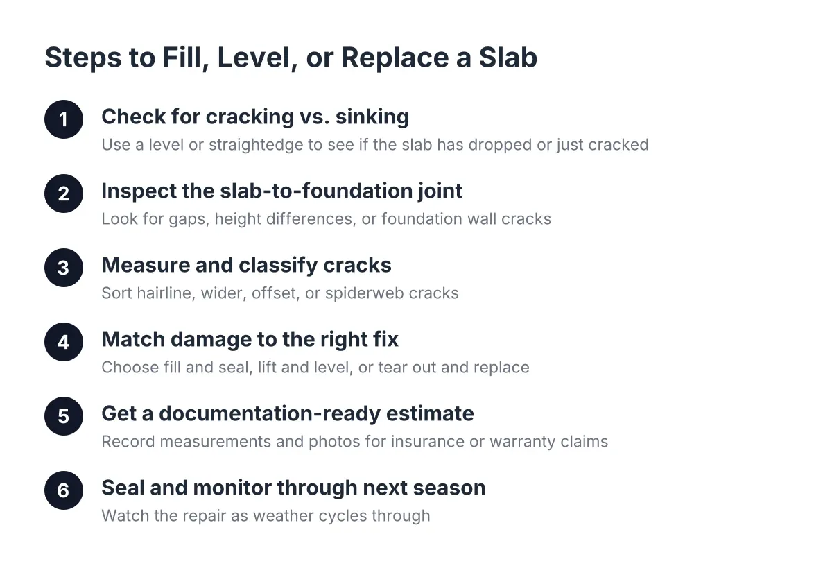 Process steps for cracked garage floor repair: fill, level, or replace decisions