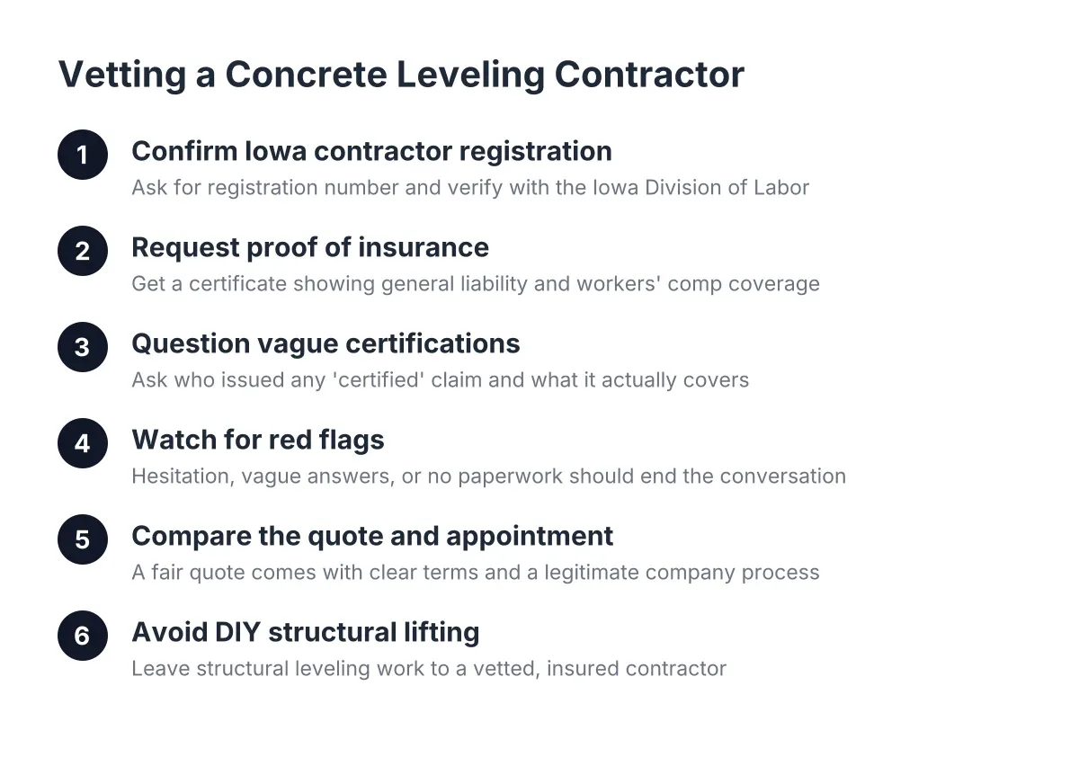 Steps for checking concrete leveling contractor license and insurance in Des Moines