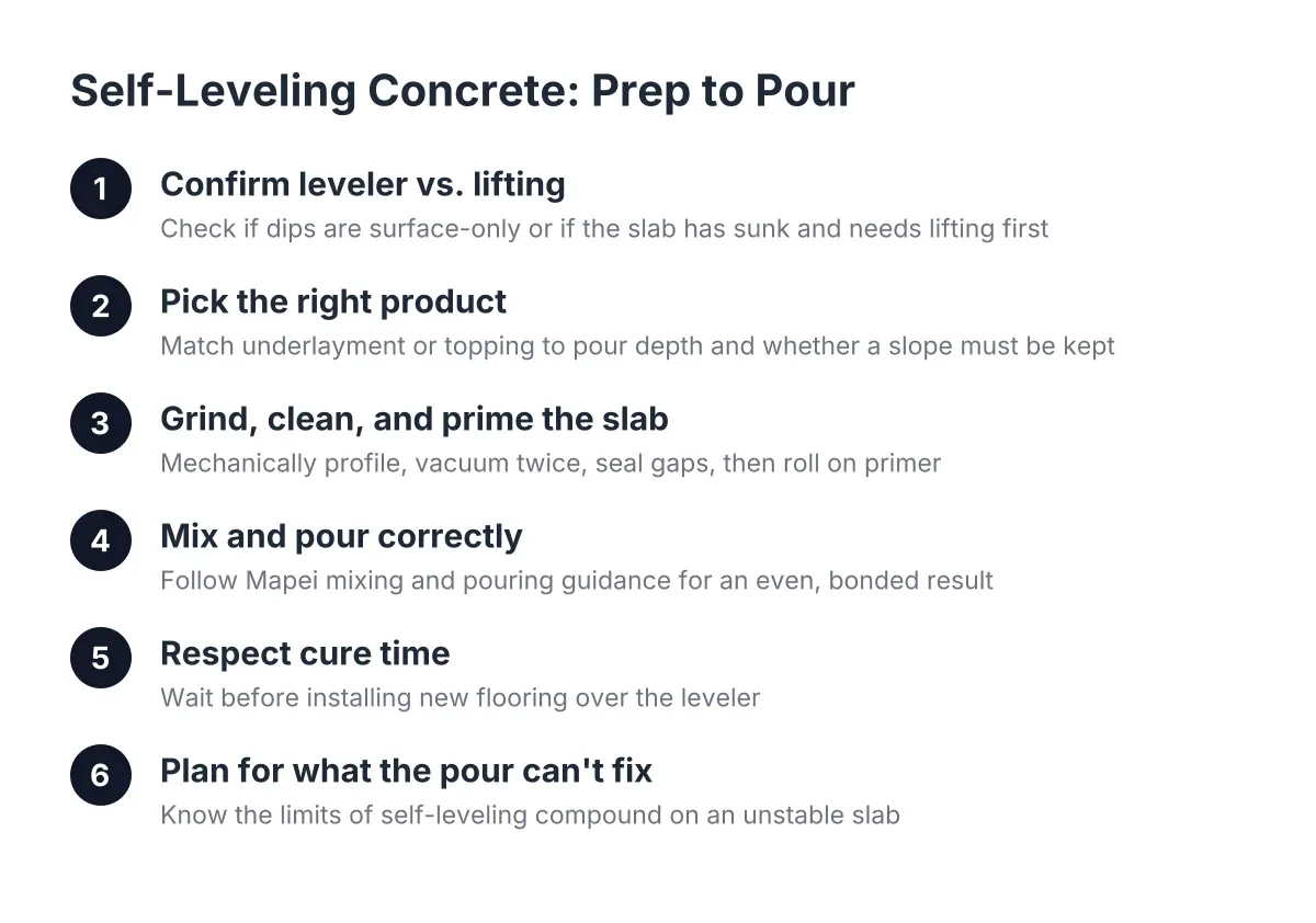 Process steps for prepping subfloor and pouring Mapei self-leveling concrete