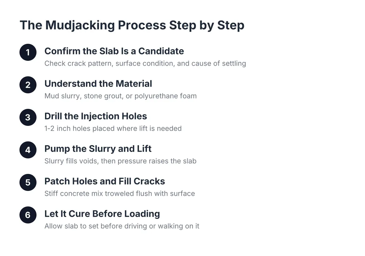 Diagram of six steps in the mudjacking DIY process from inspection to curing