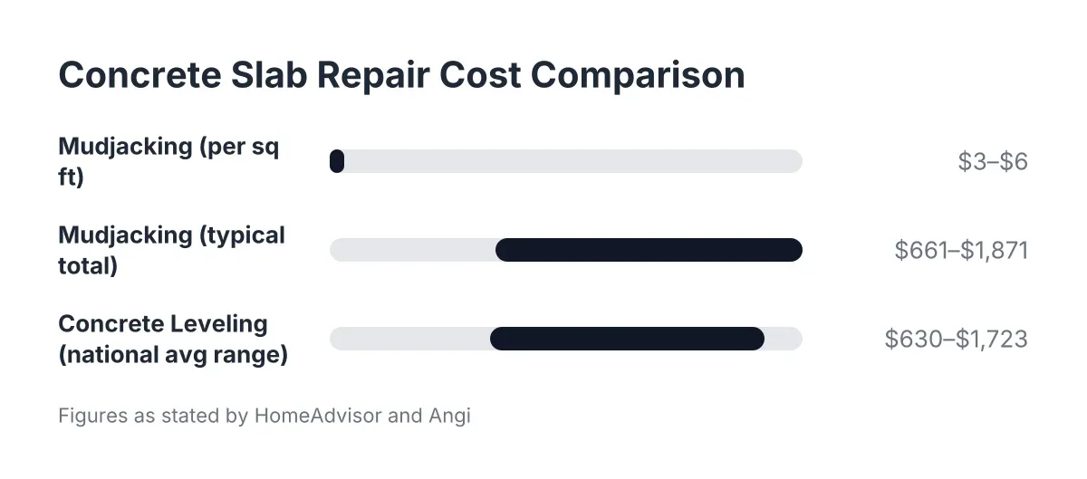 Cost range chart comparing mudjacking and concrete leveling repair prices