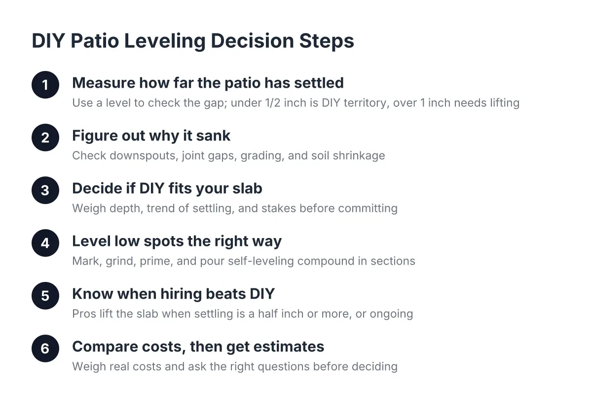 Numbered steps showing how to decide on DIY patio leveling versus hiring a pro