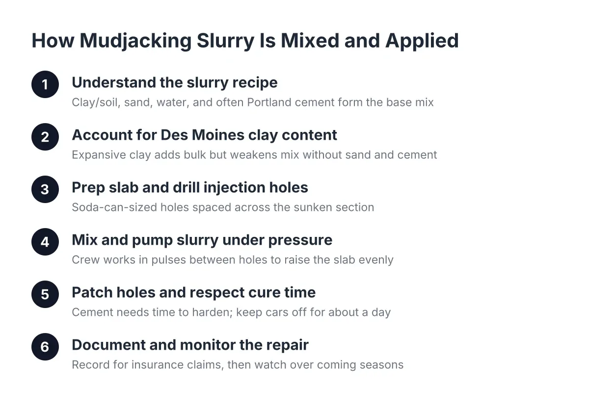 Diagram of mudjacking mud composition process from mixing slurry to curing