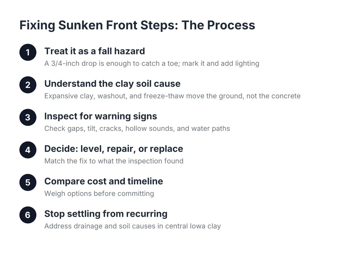 Process diagram of six steps for sunken front step repair in central Iowa