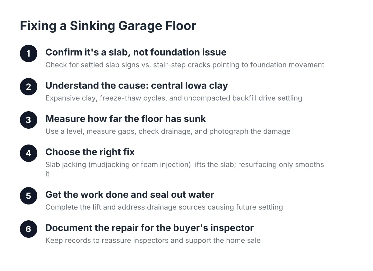 Six-step process for fixing a sinking garage floor caused by central Iowa clay soil