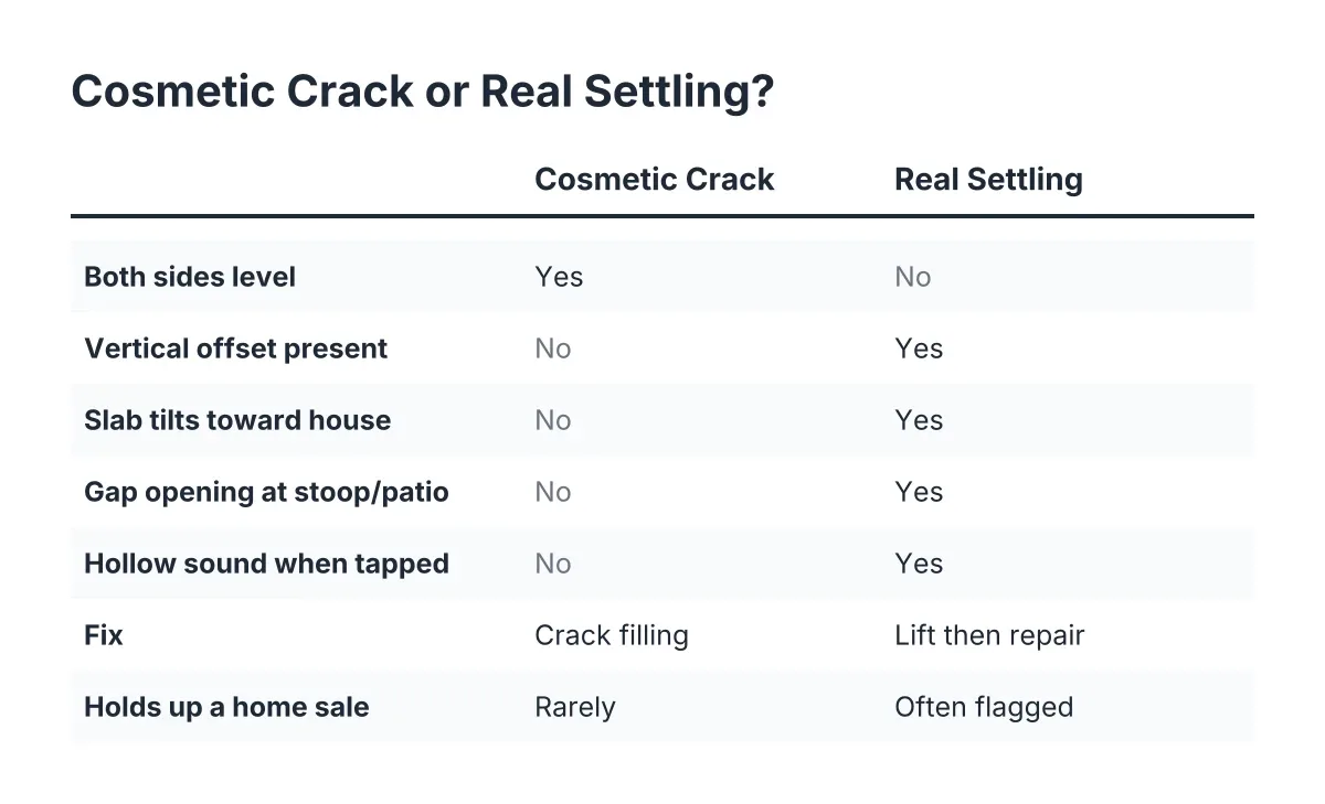Comparison checklist of cosmetic cracks versus real concrete settling signs