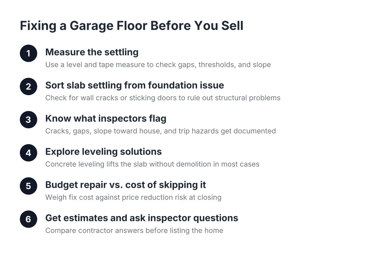 Six-step process for garage floor leveling home sellers follow before listing