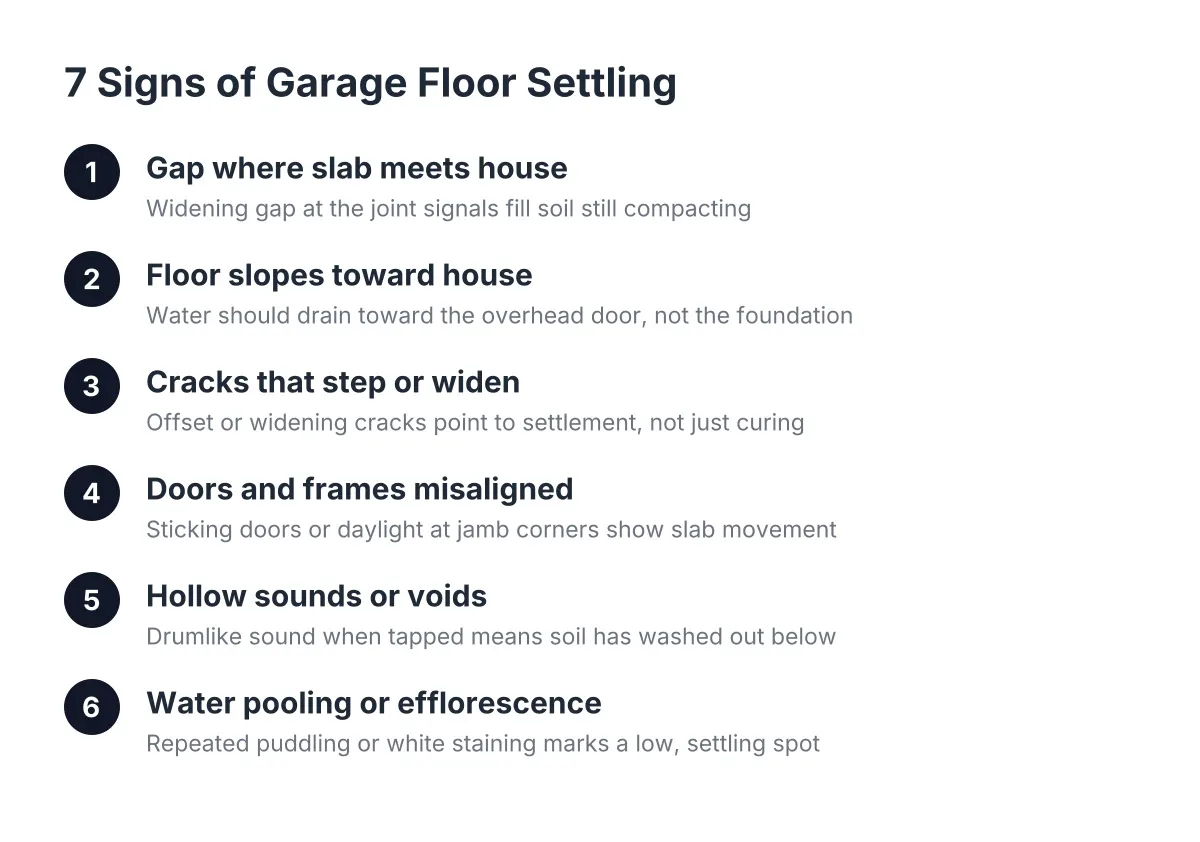 Sequence of signs showing garage floor settling, from gaps and slopes to cracks and voids